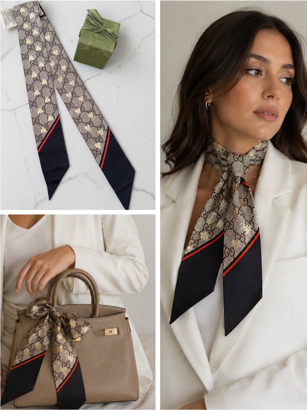 Gucci Beige GG Monogram Twilly with Navy Ends and Red Trim
